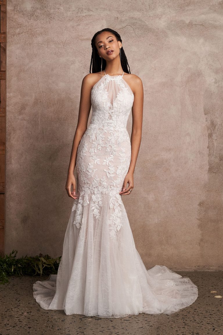 Lillian West 66216, trumpet high neck wedding dress