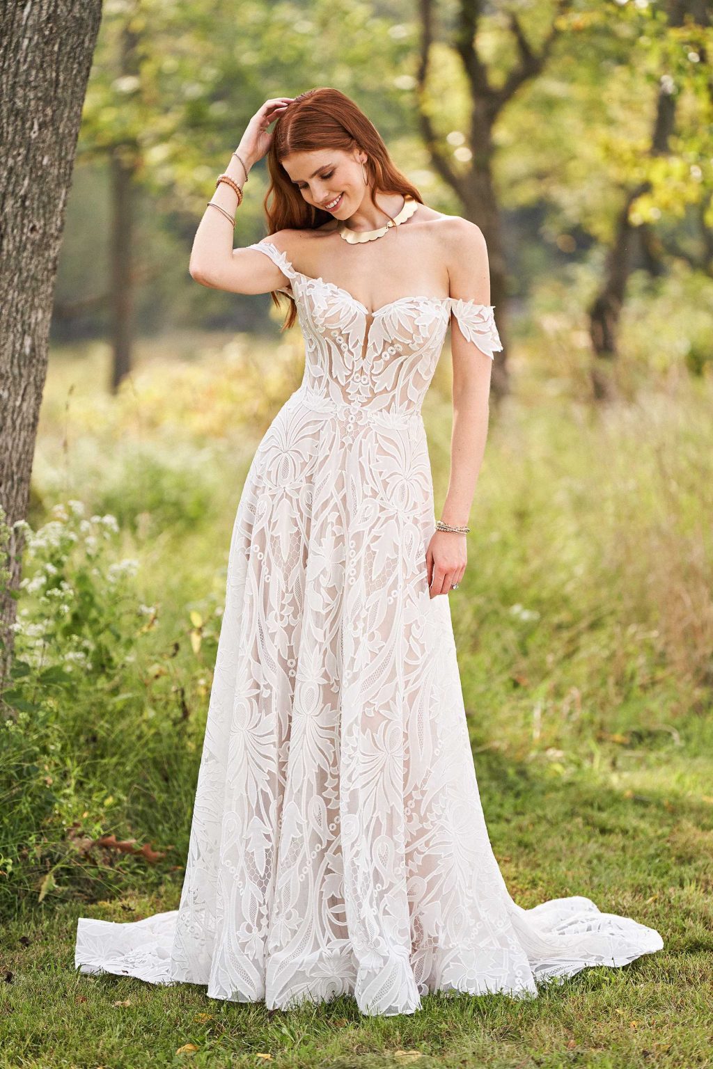 Lillian West 66230, off the shoulder aline wedding dress with modern lace