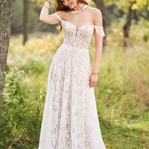 Lillian West 66230, off the shoulder aline wedding dress with modern lace