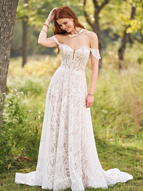 Lillian West 66230, off the shoulder aline wedding dress with modern lace