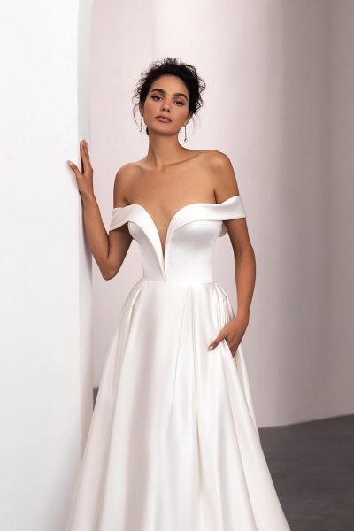 Plain satin aline with off the shoulder sleeves