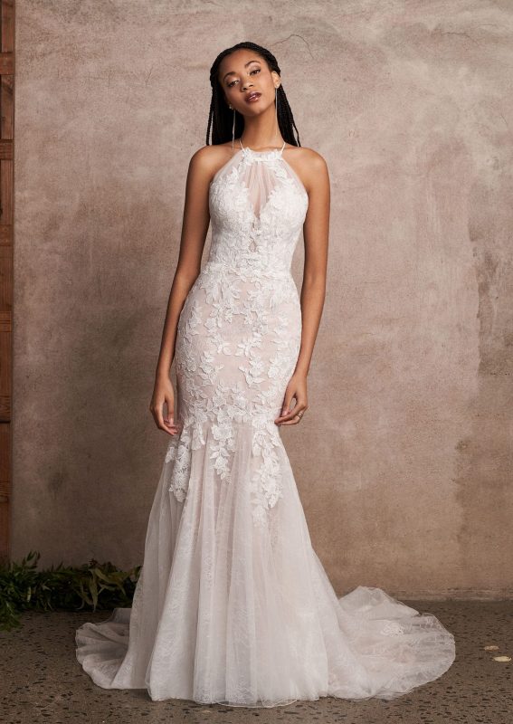 Lillian West 66216, trumpet high neck wedding dress