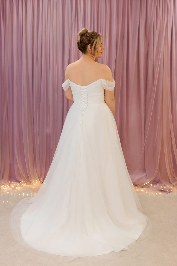 high back a line wedding dress with pearls